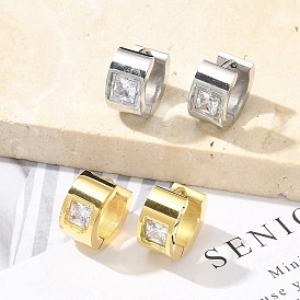 304 серьги-кольца из нержавеющей стали с микропаве и прозрачными циркониями, с 316 штифтов из нержавеющей стали, ионное покрытие (ip), квадратный