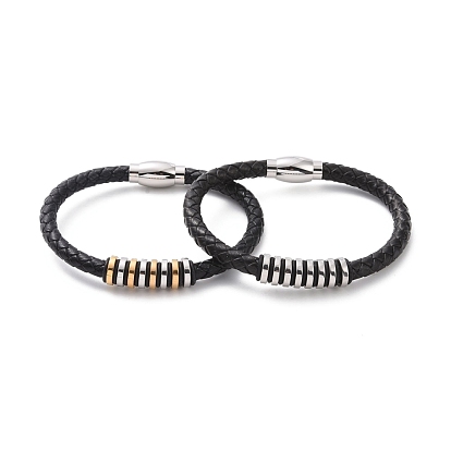 Black Leather Braided Cord Bracelet with 304 Stainless Steel Magnetic Clasps, 201 Stainless Steel Beaded Punk Wristband for Men Women