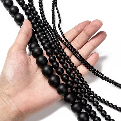 Natural Black Agate Beads Strands, Grade A, Frosted, Round, Dyed & Heated