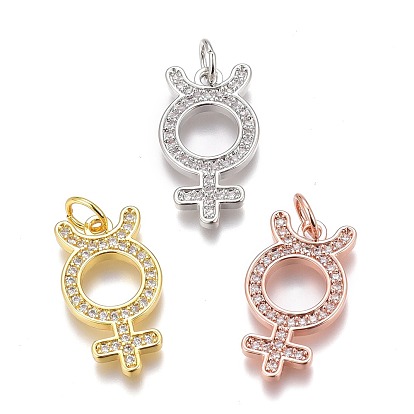 Brass Micro Pave Clear Cubic Zirconia Pendants, Long-Lasting Plated, with Jump Rings, Female Gender Sign
