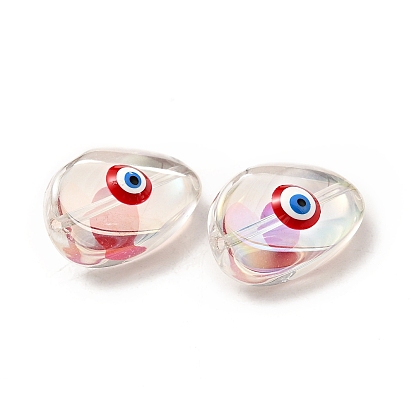 Transparent Glass Beads, with Enamel, Teardop with Evil Eye Pattern