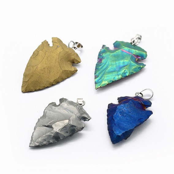 Electroplated Natural Indian Agate Pendants, with Brass Findings, Arrowhead