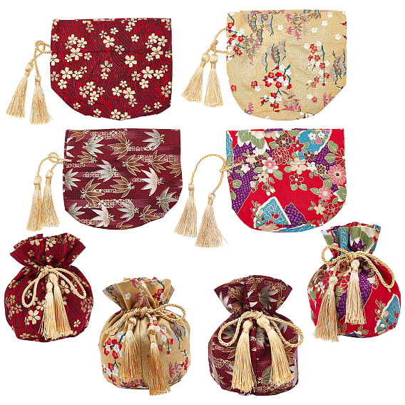 8Pcs 4 Stylse Hot Stamping Cotton Candy Pouches, Drawstring Tassel Bags, for Wedding Gift Candy Packaging, Mixed Color
