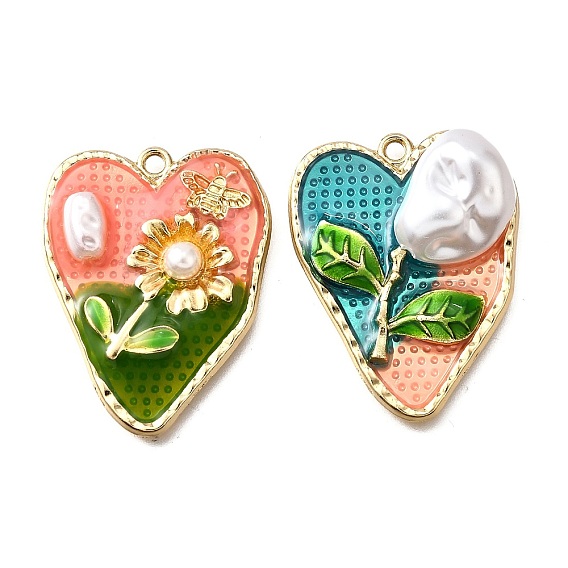 Подвески из эмали и сплава, с ABS имитации жемчуга, Сердце со цветками , стойки покрытие, долговечный, без свинца, без кадмии и без никеля, золотые
