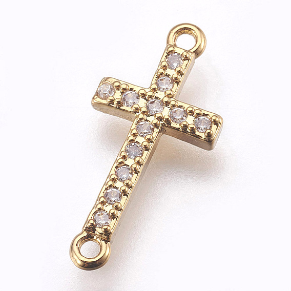 Brass Micro Pave Cubic Zirconia Links, Lead Free & Cadmium Free, Sideways Cross