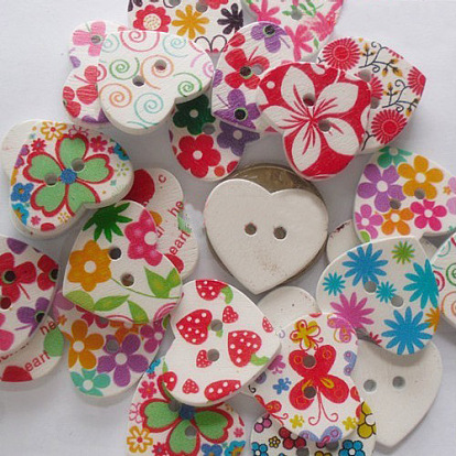 Sweetheart 2-hole Buttons with Various Painting Pattern, Wooden Buttons