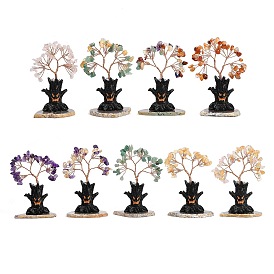 Halloween Theme Natural Gemstone Chips Tree of Life Decorations, Resin Stump with Agate Base with Copper Wire Feng Shui Energy Stone Gift for Home Office Desktop