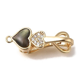 Brass Black Lip Shell Fold Over Clasps, with Micro Pave Cubic Zirconia, Heart