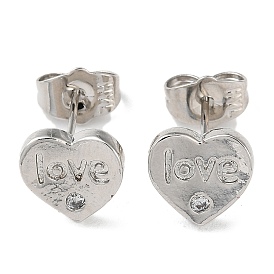 Brass Rhinestone Stud Earrings, Love Heart