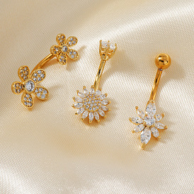 Shiny Sunflower Brass Full Crystal Rhinestone Belly Button Rings, Piercing Navel Rings, Barbell Body Jewelry for Women