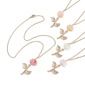 5Pcs 5 Colors 304 Stainless Steel Cable Chain Necklaces, Glass Pendant Necklaces, Rose Flower