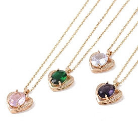 304 Stainless Steel Cable Chain Necklaces, Brass with Cubic Zirconia Pendant Necklaces, Real 18K Gold Plated, Heart