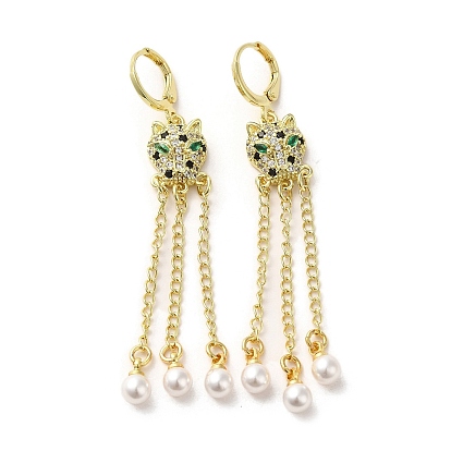 Leopard Head Real 18K Gold Plated Brass Micro Pave Cubic Zirconia Dangle Leverback Earrings, ABS Imitation Pearl Tassel Earrings