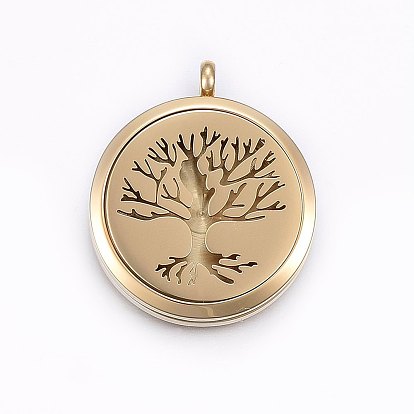 304 Stainless Steel Magnetic Diffuser Locket Pendants, Flat Round with Tree of Life