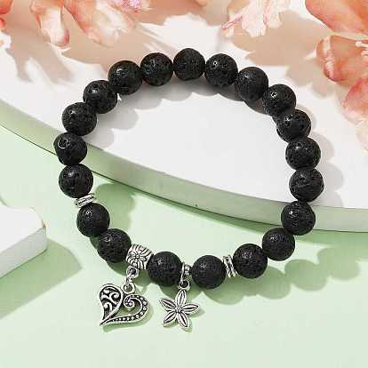 Natural Mixed Gemstone Round Beaded Stretch Bracelets, with Tibetan Style Alloy Heart Charms