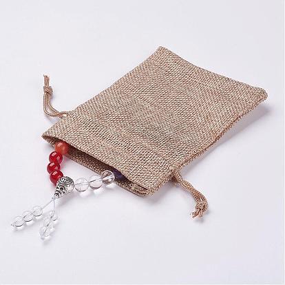 Natural Gemstone Beads Stretch Bracelets, with Alloy Findings, Burlap Packing Pouches Drawstring Bags