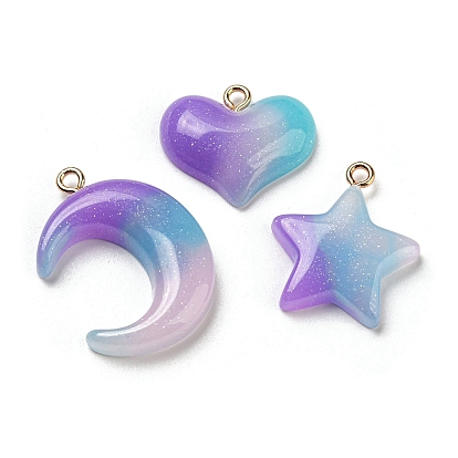 Gradient Color Resin Pendants, with Glitter Powder and Golden Tone Iron Loop