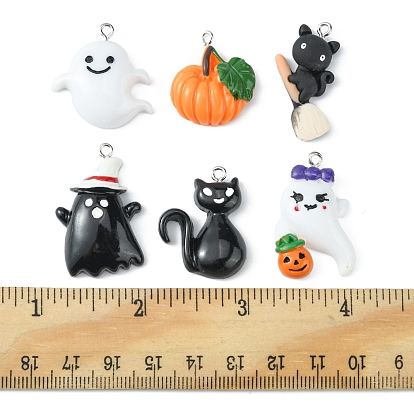12шт 6 стили Хэллоуин непрозрачные подвески из смолы, хэллоуин очарование, с платиновыми тоновыми железными петлями, кот и призрак в шляпе, тыква и призрак