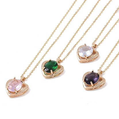 304 Stainless Steel Cable Chain Necklaces, Brass with Cubic Zirconia Pendant Necklaces, Light Gold, Heart