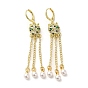 Leopard Head Golden Brass Micro Pave Cubic Zirconia Dangle Leverback Earrings, ABS Imitation Pearl Tassel Earrings