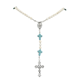 Synthetic Mixed Gemstone Rosary Bead Necklaces, Alloy Cross Pendant Necklace