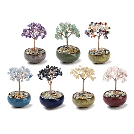 Natural Gemstone Chips Tree Decorations, Ceramic Bowl Base Copper Wire Feng Shui Energy Stone Gift for Home Desktop Decoration