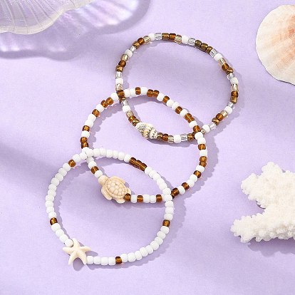 Sets aus Stretch-Armbändern mit Ozeanglas-Saatperlen, Verstellbare, stapelbare Armbänder mit synthetischem Türkis, Seestern, Schildkrötenmotiv und natürlicher Muschel