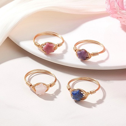 Кольца из натурального драгоценного камня, обмотанные медной проволокой золотистого оттенка., звезда