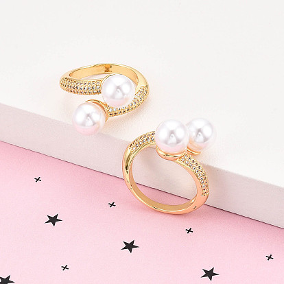 Латунные кольца-манжеты с микропаве и прозрачным цирконием для женщин, без кадмия и без свинца, круглые, с ABS имитации жемчуга