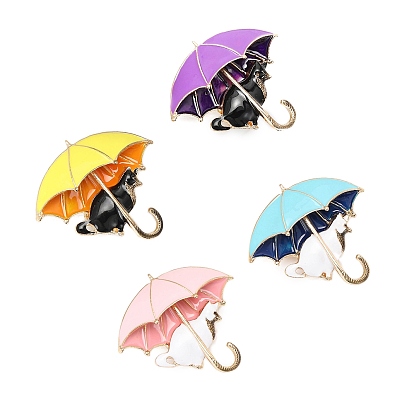 Umbrella Cat Enamel Pin, Cartoon Light Gold Brooch Pin Clothing Accessory