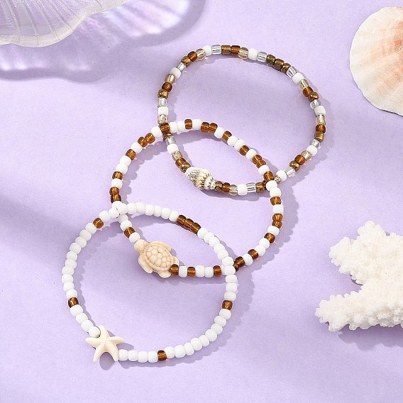 Ocean Glass Seed Beads Stretch Bracelet Sets, Synthetic Turquoise Starfish Turtle and Natural Shell Adjustable Stackable Bracelets