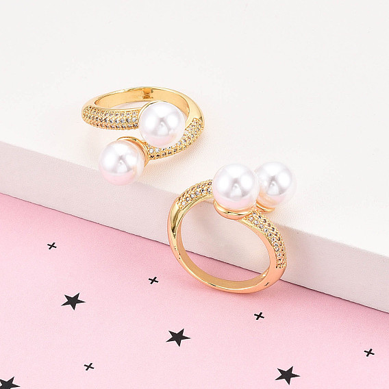 Латунные кольца-манжеты с микропаве и прозрачным цирконием для женщин, без кадмия и без свинца, круглые, с ABS имитации жемчуга