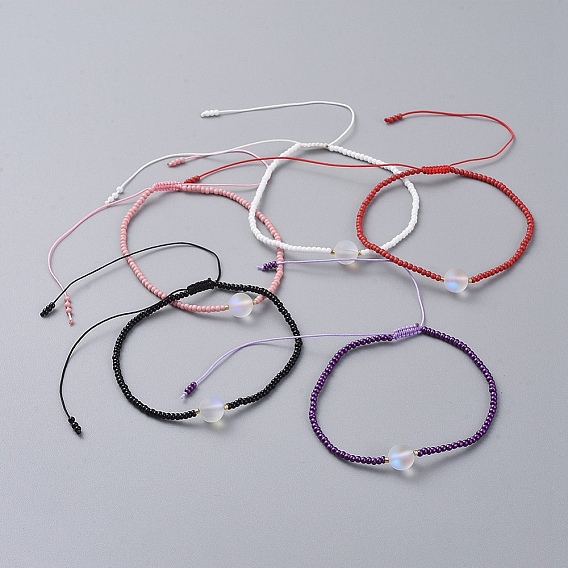 Нейлоновые нити плетеные браслеты из бисера, со стеклянными бусинами и стеклярусом, бусина из синтетического лунного камня