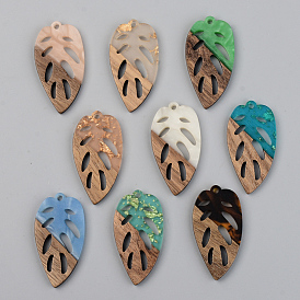 Resin & Walnut Wood Pendants, Leaf, Mixed Color