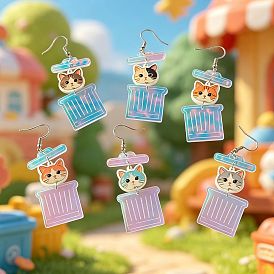 Boucles d'oreilles pendantes en fer et acrylique, forme de chat et poubelle, platine