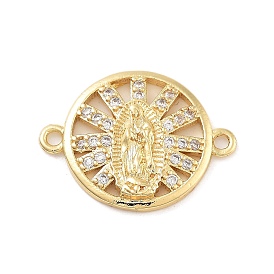 Rack Plating Brass Micro Pave Clear Cubic Zirconia Flat Round Connector Charms, Religion Virgin Mary Links, Cadmium Free & Lead Free, Long-Lasting Plated