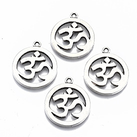 Tibetan Style Hollow Alloy Pendants, Flat Round with Yoga Symbol, Cadmium Free & Lead Free