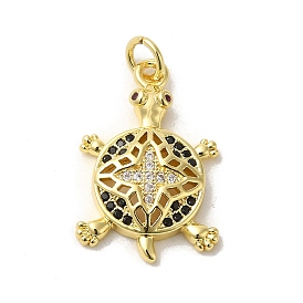 Tortoise Rack Plating Brass Micro Pave Black Cubic Zirconia Pendants, with Jump Ring, Long-Lasting Plated, Lead Free & Cadmium Free