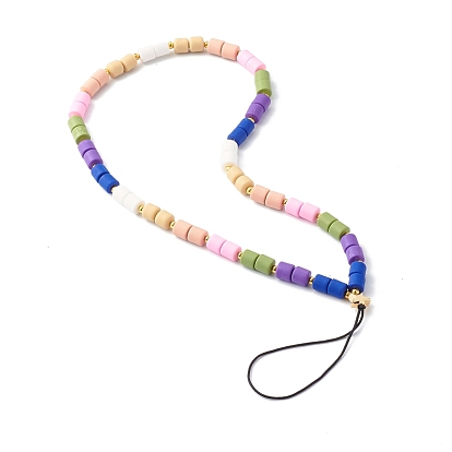 Handmade Polymer Clay Beaded Mobile Strap, for DIY Phone Case Decoration, with Brass Beads and Braided Nylon Thread
