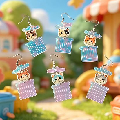 Boucles d'oreilles pendantes en fer et acrylique, forme de chat et poubelle, platine