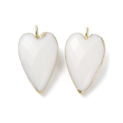 Glass Pendants, with Golden Plated Brass Edge Loops, Faceted, Heart Charms