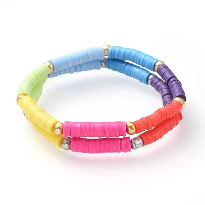 Stretch Bracelet Sets, with Polymer Clay Heishi Beads and Electroplate Glass Seed Beads