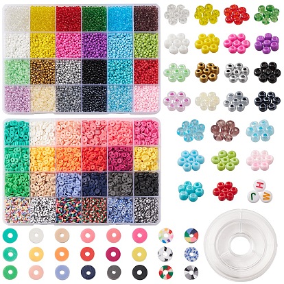 DIY Heishi Surfer Bracelet Making Kit, Including Acrylic Letter & Polymer Clay Disc & Glass Seed Beads, Elastic Thread
