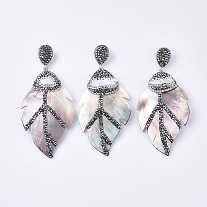 Black Lip Shell Big Pendants, with Platinum Tone Alloy Findings & Polymer Clay Rhinestones & Pearl, Leaf