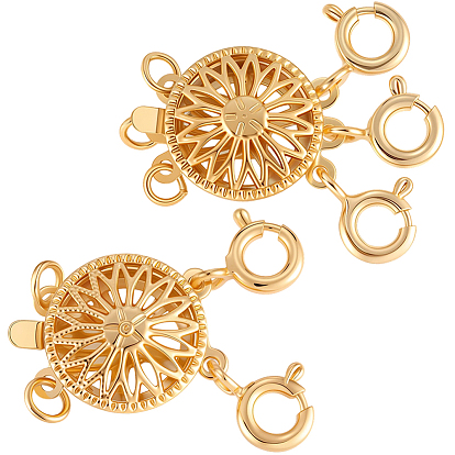 2Pcs 2 Styles Brass Box Clasps, with Spring Ring Clasps, Flat Round, 2-Strand, 4-Hole & 3-Strand, 6-Hole