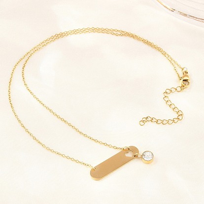 304 Длинное овальное ожерелье из нержавеющей стали с кристаллами и стразами, дополненное плоским круглым кулоном., ионное покрытие (ip), долговечный