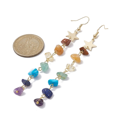 Chakra Theme Natural & Synthetic Mixed Gemstone Chip Beaded Tassel Earrings, Golden Brass Long Dangle Earrings