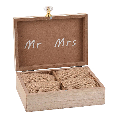 Rectangle Wooden Wedding Double Ring Box, with Burlap Pillow Lining