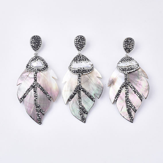 Black Lip Shell Big Pendants, with Platinum Tone Alloy Findings & Polymer Clay Rhinestones & Pearl, Leaf