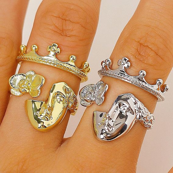 Brass Cuff Open Rings, Crown & Human Face